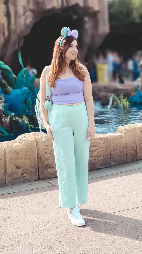 Woman wearing a character-inspired outfit with sneakers, photographed at a Disney-style theme park.