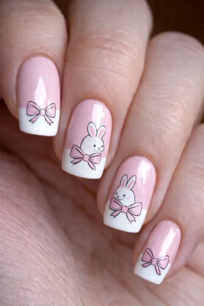 manicure with bunnies and bows, pink and white
