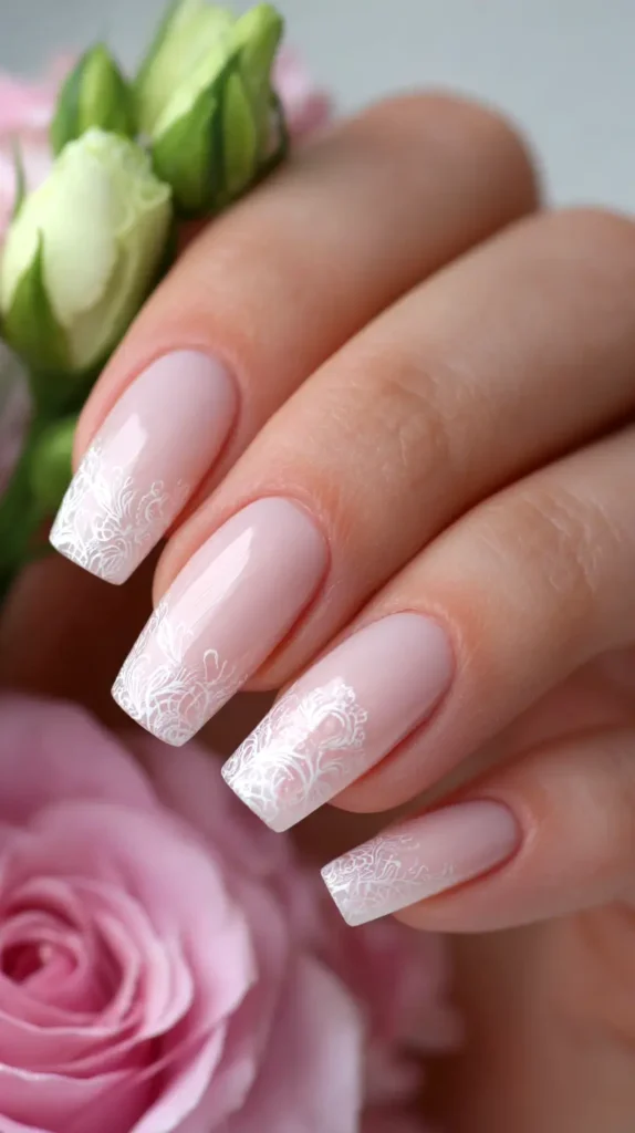 soft pink and white lace nails
