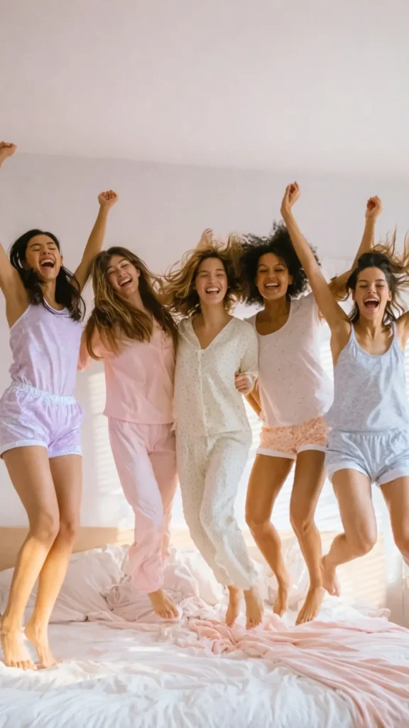 women jumping on a bed being joyful and happy