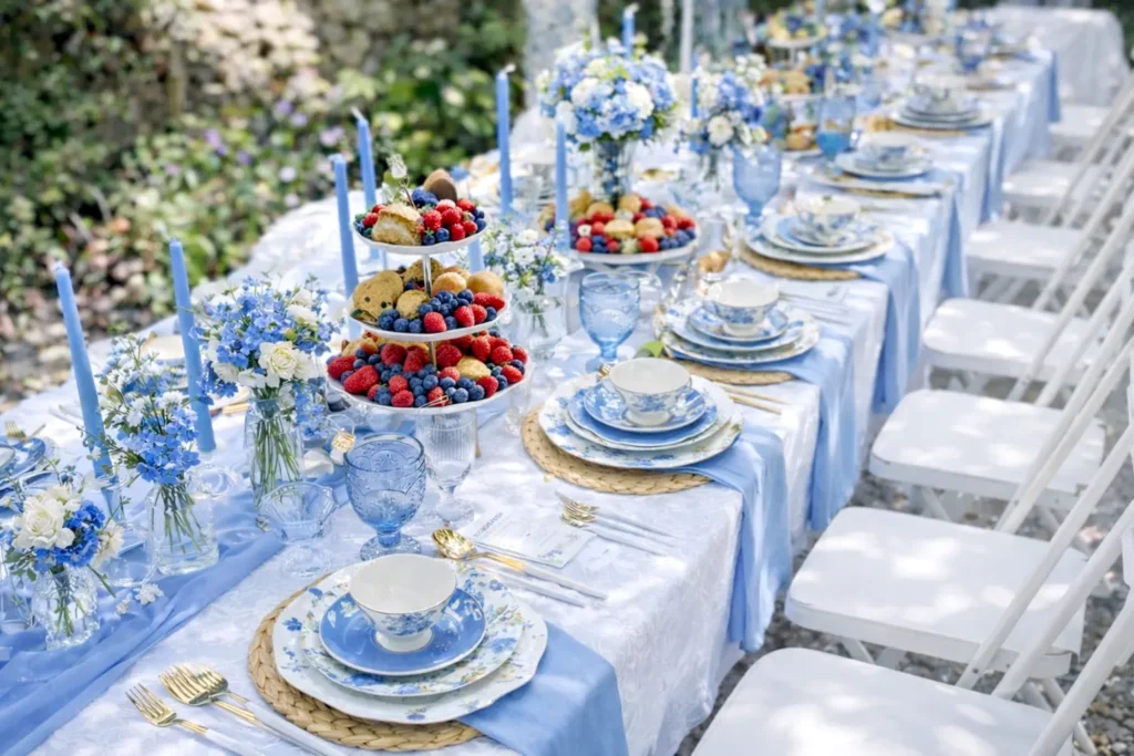 tea party table settings, cornflower blue color palette 