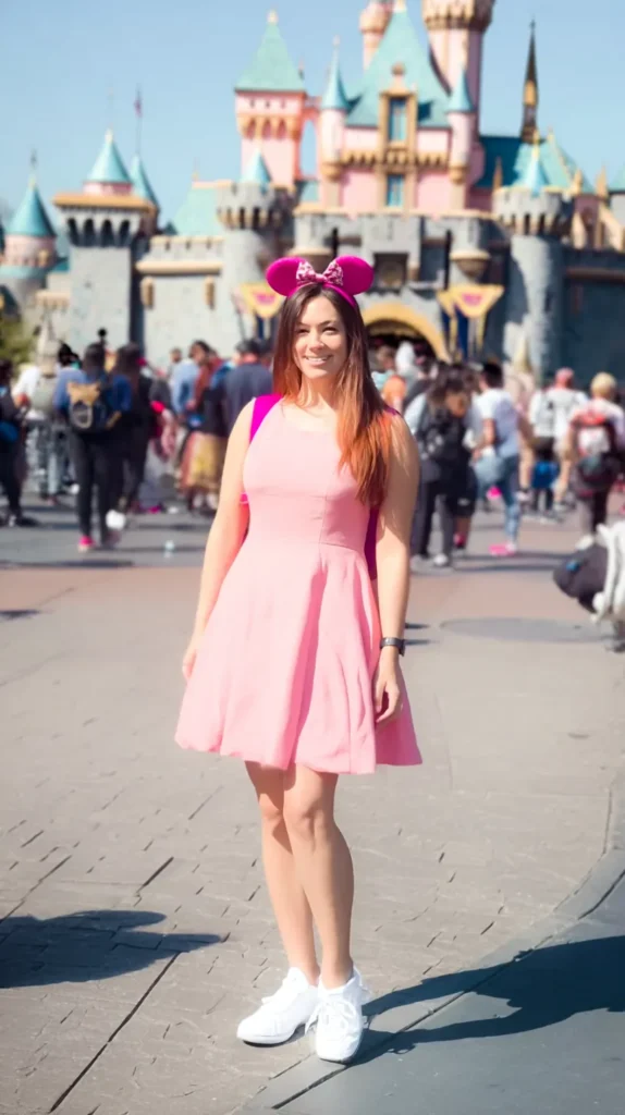 Adult woman dressed in a Disney bounding outfit standing near greenery at a theme park.