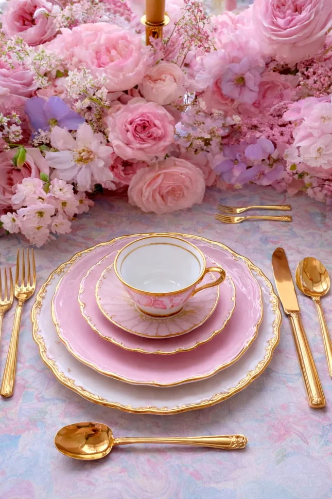 tea party table settings, pink and gold, flowers in the background