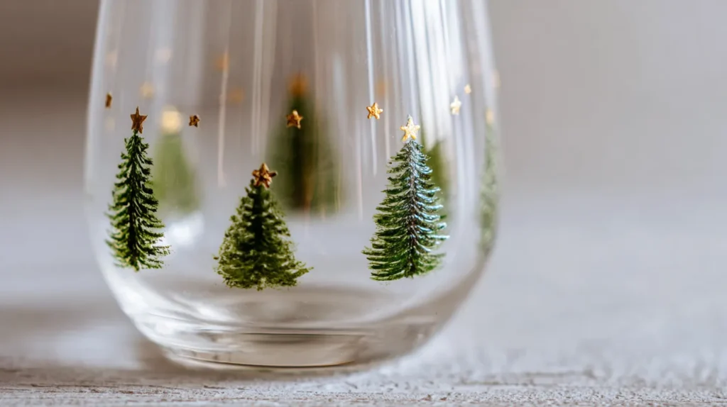 stemless wine glass with painted on Christmas trees and gold stars