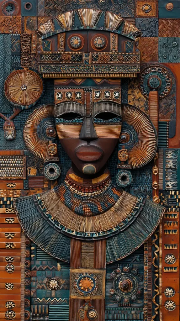 African art, neutral muted colors, face