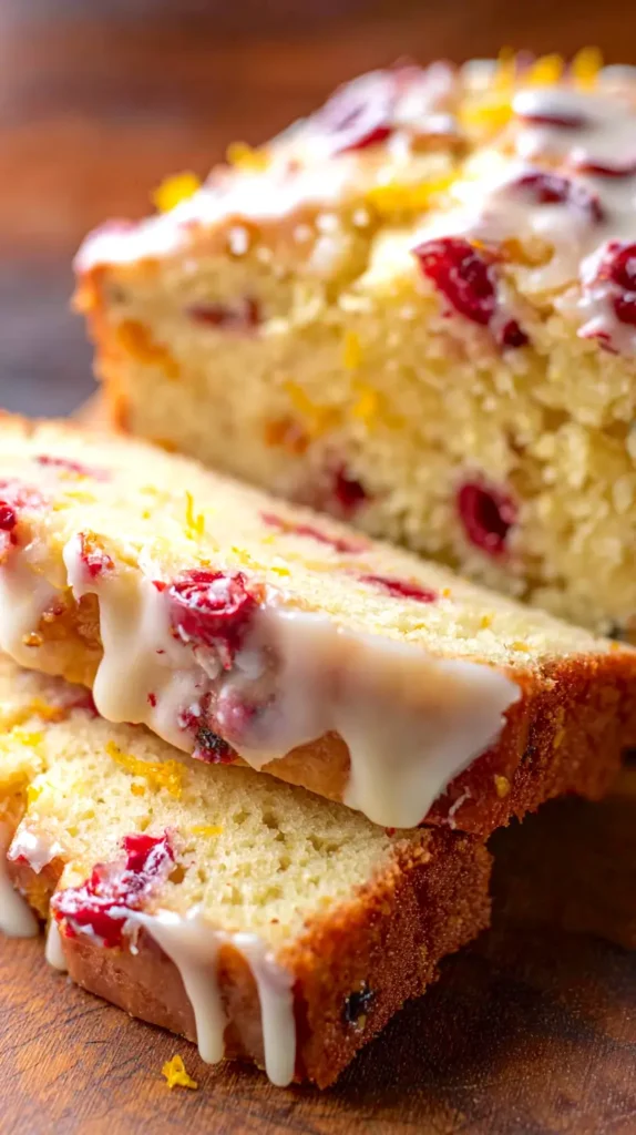 sliced cranberry orange bread load, iced with glaze