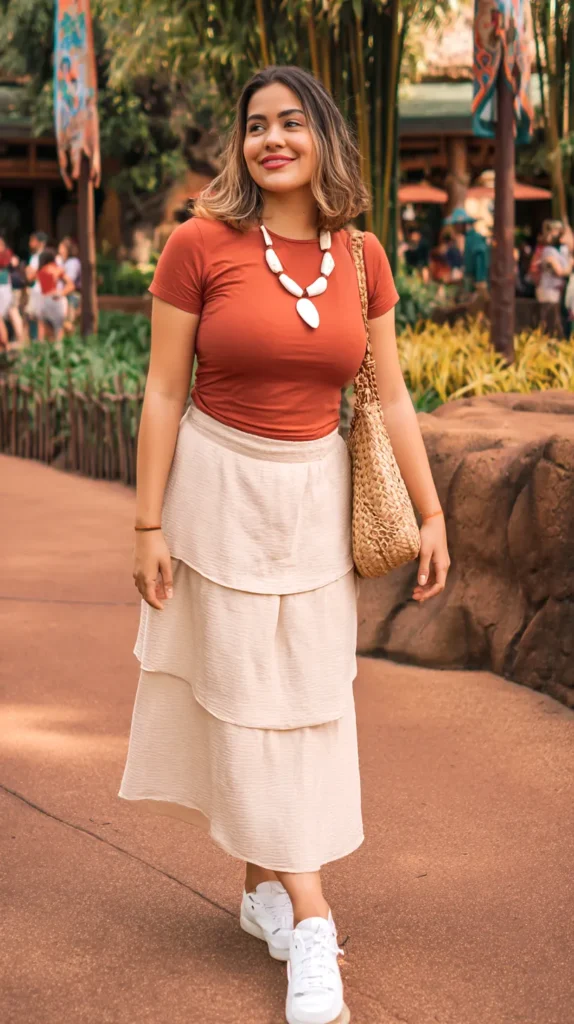 Woman wearing a colorful Disney-inspired outfit posing casually in front of a theme park landmark, moana