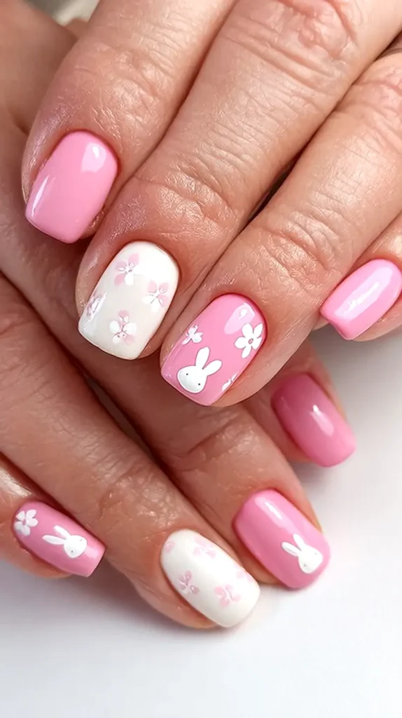 Easter nail ideas, pink and white, flowers, bunnies