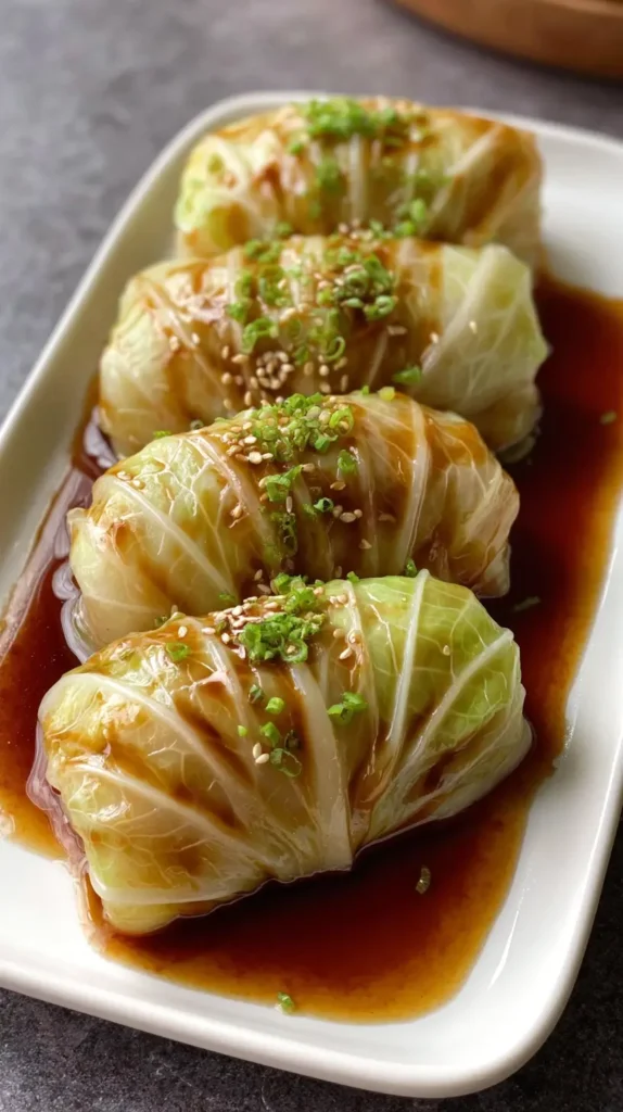 napa cabbage rolls, four on a white plate