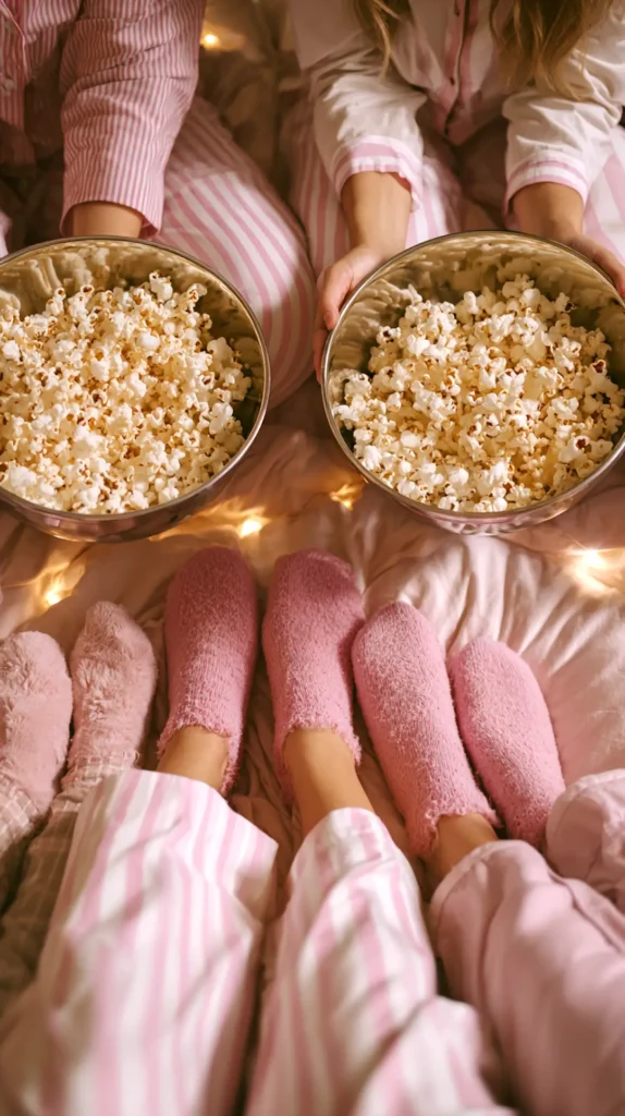 feet covered in socks with popcorn bowls nearby