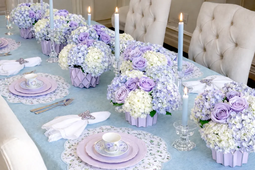 tea party table settings, light blues and lavenders 