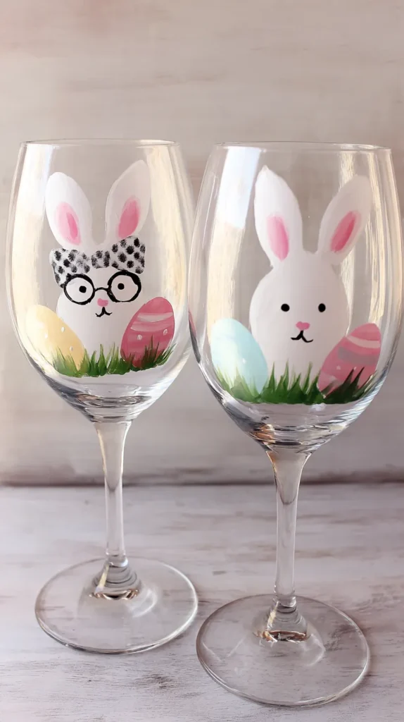 easter bunnies and eggs painted on two clear wine glasses