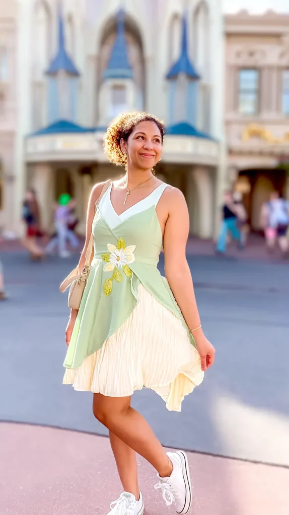 Adult woman in a character-inspired outfit walking through a Disney-style theme park.
