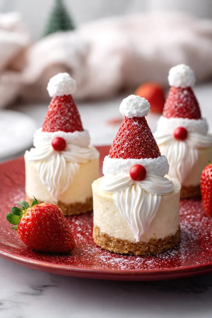 gnome mini cheesecake, Christmas, whipped cream top of strawberry and brim