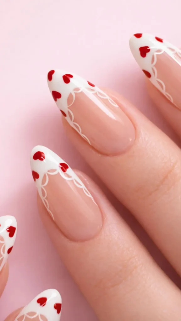 heart nails with white lace detailing