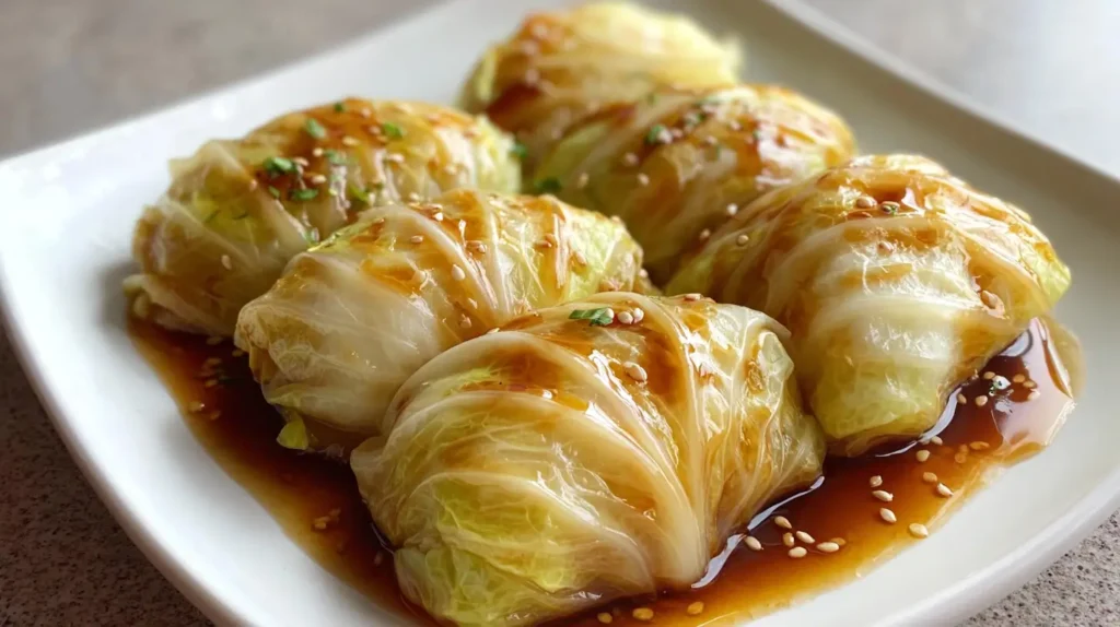 napa cabbage rolls on a square white plate, sauced