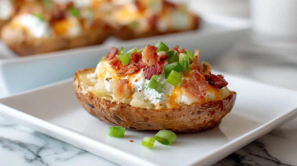 single potato skin on a white plate