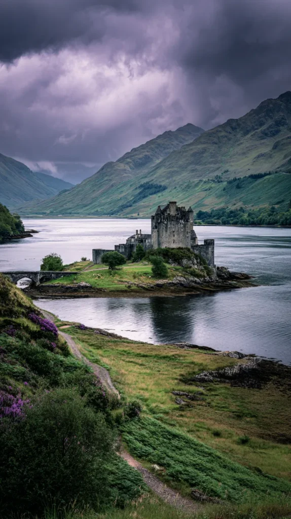 castle, greens, water, moody