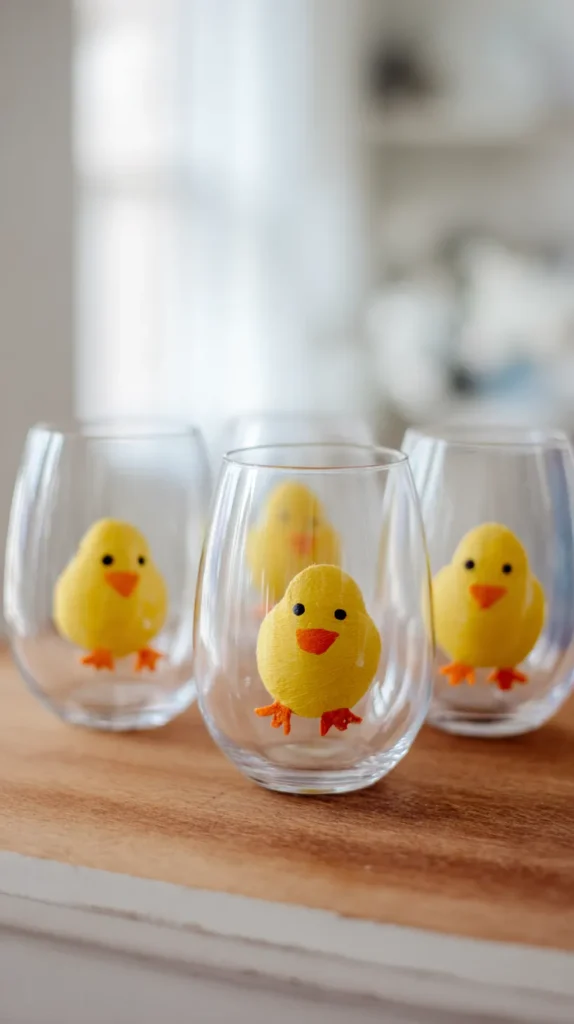 yellow chicks painted on stemless goblets