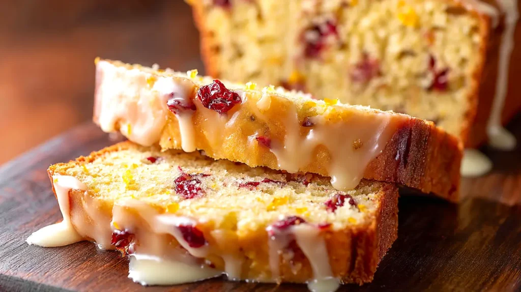 orange cranberry bread, sliced on board
