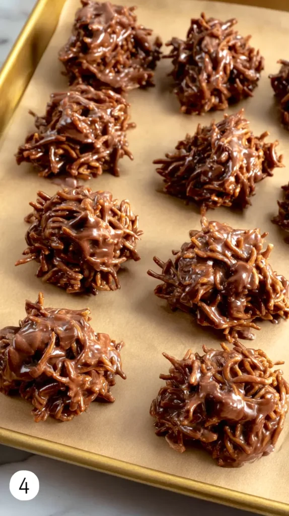 chocolate coconut haystacks on baking sheet with parchment paper