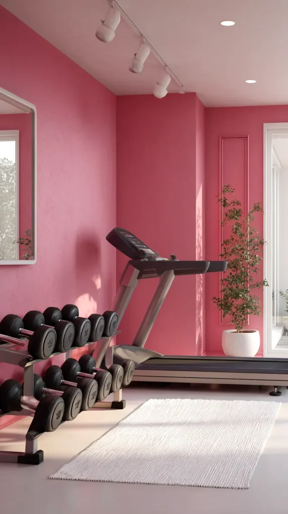 pink walls, treadmill, weights