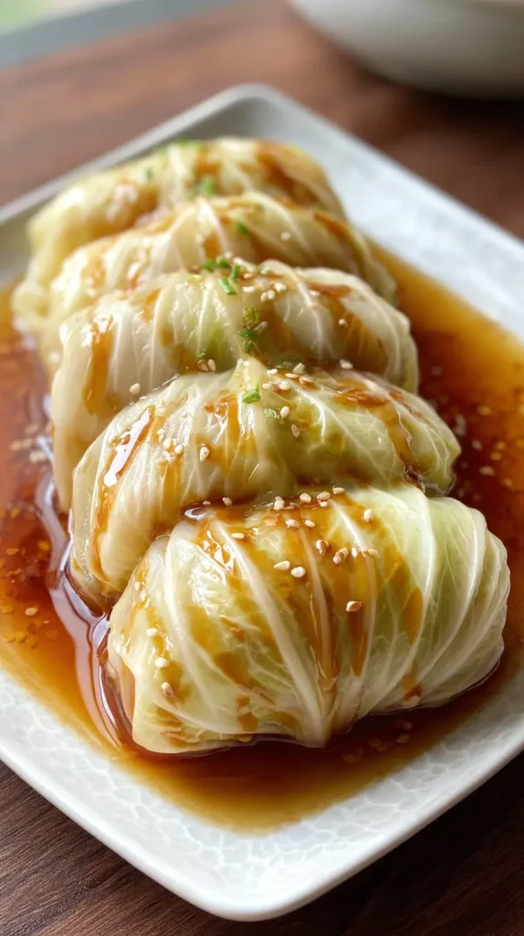 napa cabbage rolls with sauce on a white plate