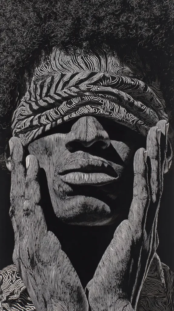 black and white man's face, patterned 