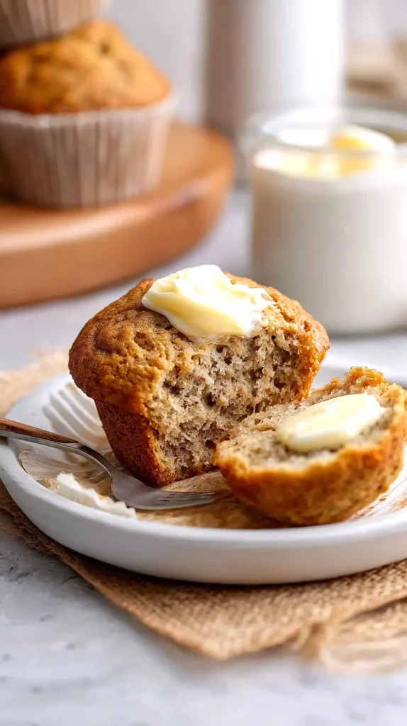 banana muffin with butter on white plate