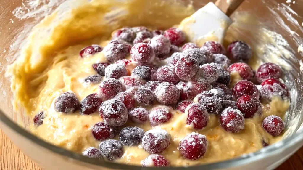 floured cranberries being mixed into orange yellow colored batter