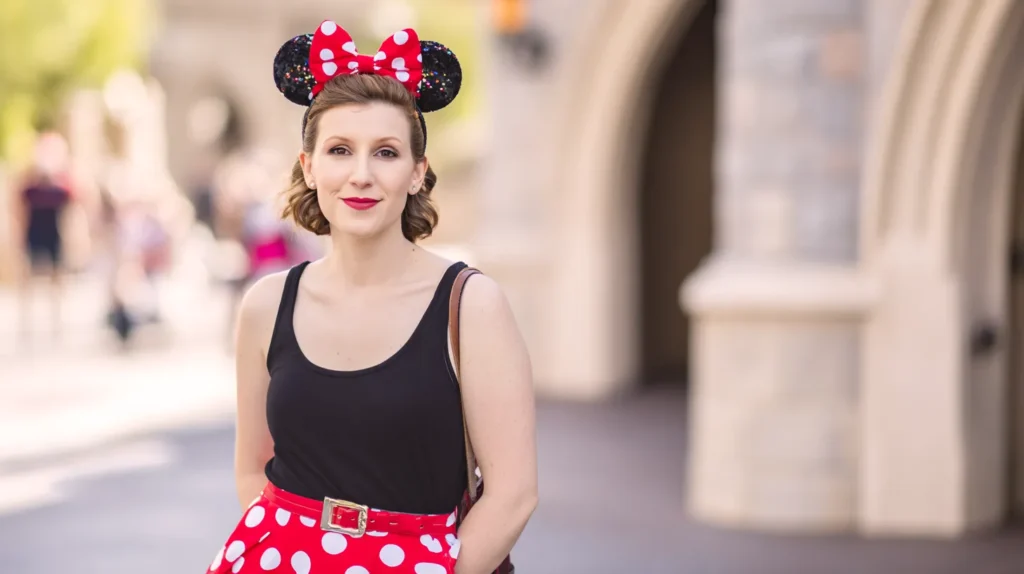 Adult woman wearing a Disney-inspired outfit posing at a theme park with a softly blurred background.