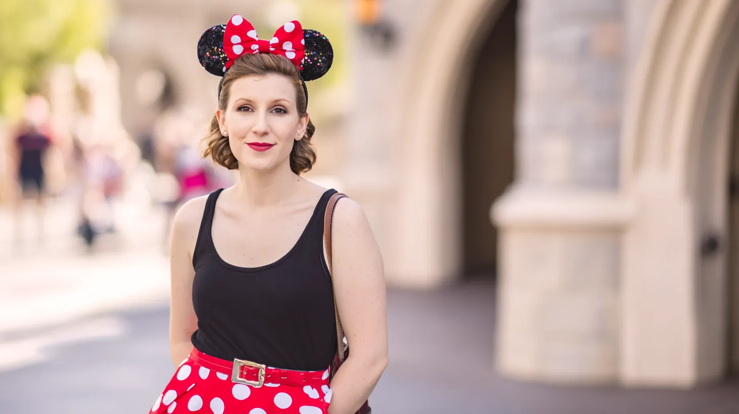 Adult woman wearing a Disney-inspired outfit posing at a theme park with a softly blurred background.