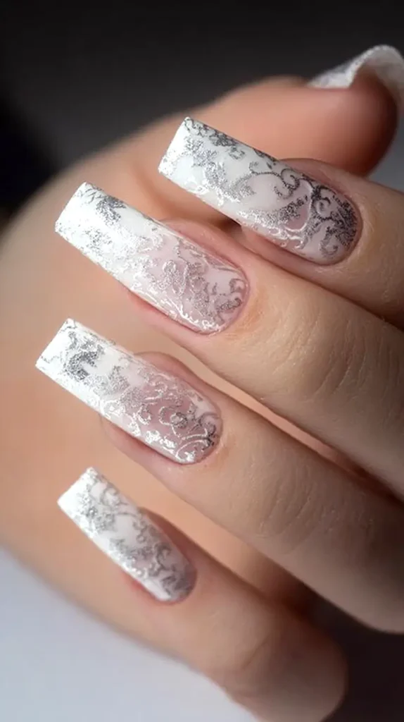 silver and white lace nails