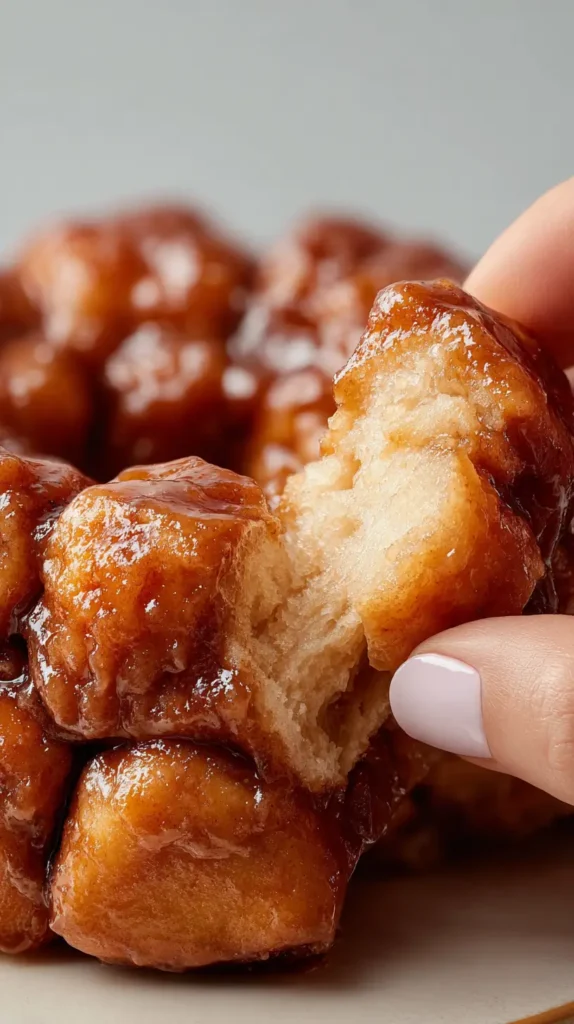 hand pulling a piece of monkey bread