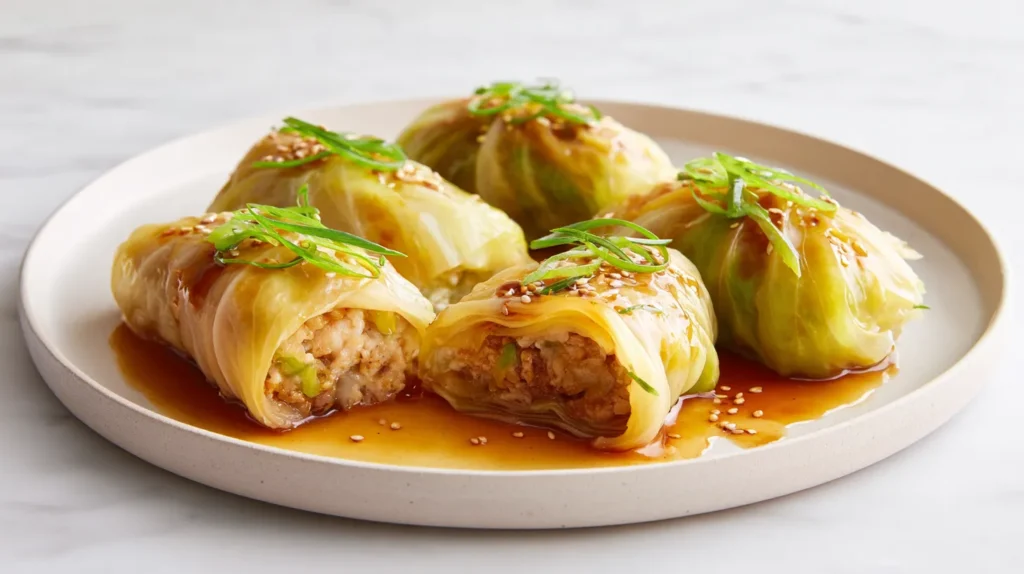 hyper-realistic photo of baked napa cabbage rolls plated on a simple white ceramic dinner plate, 4 neatly wrapped rolls with soft translucent cabbage leaves in warm pale golden ivory tones with muted yellow-green highlights and lightly caramelized golden edges, glossy amber-brown ginger soy glaze spooned over the top and lightly pooling on the plate, one roll cut open to show a moist filling of ground chicken, white jasmine rice, finely chopped green onion, garlic, and ginger, delicate sesame seed garnish and a few sliced green onions, tender cooked texture, realistic softened leaf veins, no crisp edges, no raw bright green cabbage look, set on a white marble kitchen counter in a bright white kitchen, soft natural window light, clean editorial food photography, crisp focus, airy high-end recipe blog style, realistic proportions, no people, no utensils, no text, no watermark