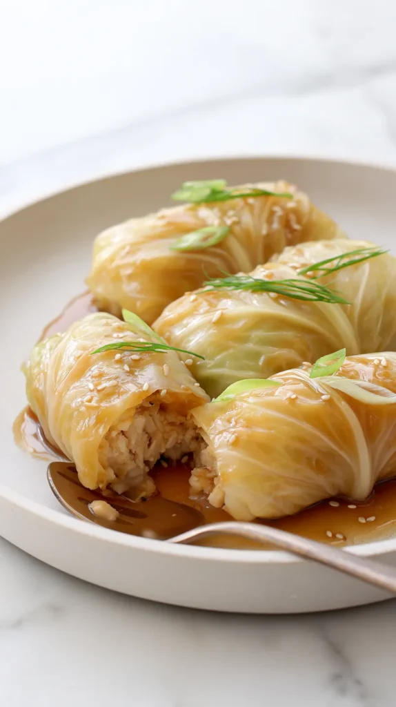 hyper-realistic photo of baked napa cabbage rolls plated on a simple white ceramic dinner plate, 4 neatly wrapped rolls with soft translucent cabbage leaves in warm pale golden ivory tones with muted yellow-green highlights and lightly caramelized golden edges, glossy amber-brown ginger soy glaze spooned over the top and lightly pooling on the plate, one roll cut open to show a moist filling of ground chicken, white jasmine rice, finely chopped green onion, garlic, and ginger, delicate sesame seed garnish and a few sliced green onions, tender cooked texture, realistic softened leaf veins, no crisp edges, no raw bright green cabbage look, set on a white marble kitchen counter in a bright white kitchen, soft natural window light, clean editorial food photography, crisp focus, airy high-end recipe blog style, realistic proportions, no people, no utensils, no text, no watermark