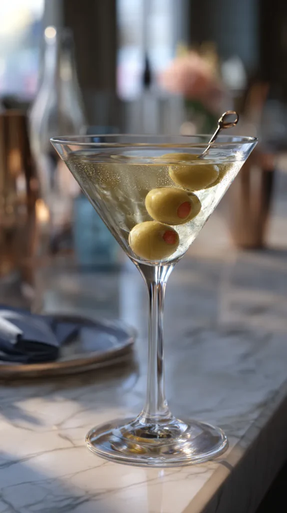 Side view of a chilled dirty martini in a clear martini glass with three green olives on a metal pick, light condensation on the glass, set on a white marble countertop with a softly blurred kitchen background.