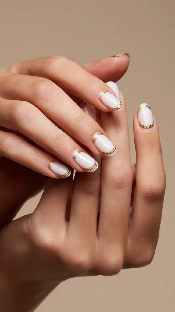 white and gold, Greek goddess manicure, nail design