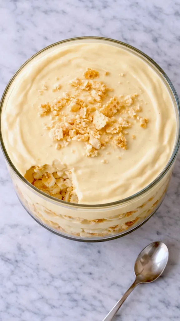 top-down image of pizzelle banana pudding