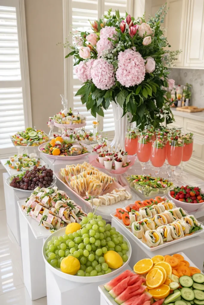 food table with large floral arrangement