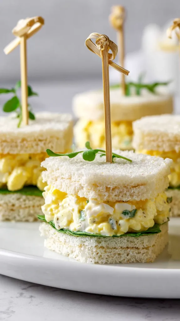 Small circular egg salad tea sandwiches made with crustless white bread, filled with finely chopped egg and chives, layered with fresh watercress and arranged on a white plate in bright natural light.