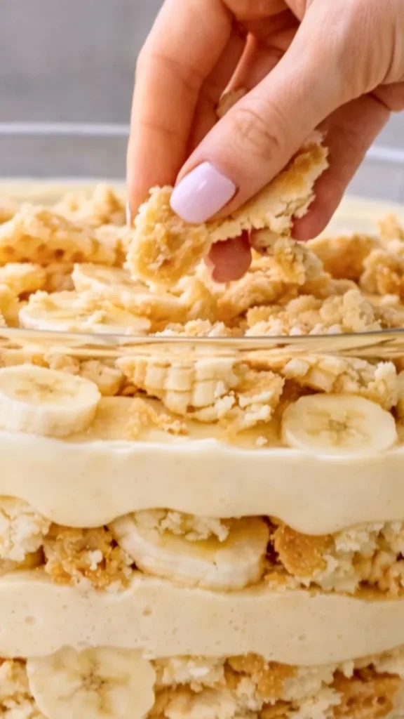 hand layering the pizzelle cookie pieces on the banana pudding