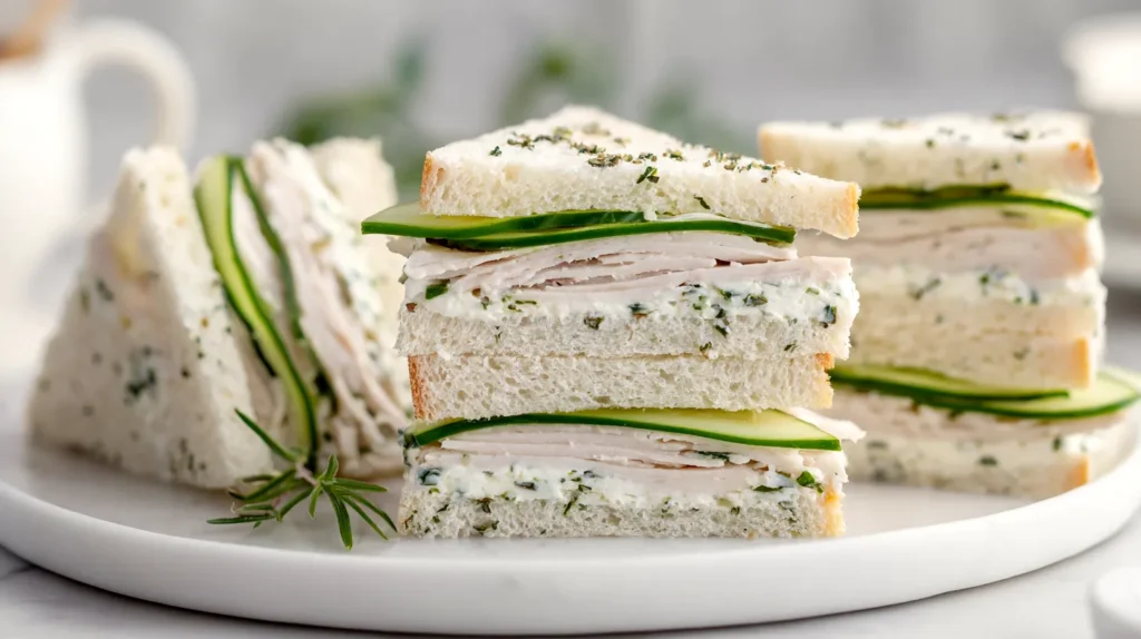 Turkey herb cream cheese tea sandwiches cut into narrow rectangles with thin roasted turkey, fresh cucumber slices, and chive-speckled cream cheese on a white plate in bright natural light.