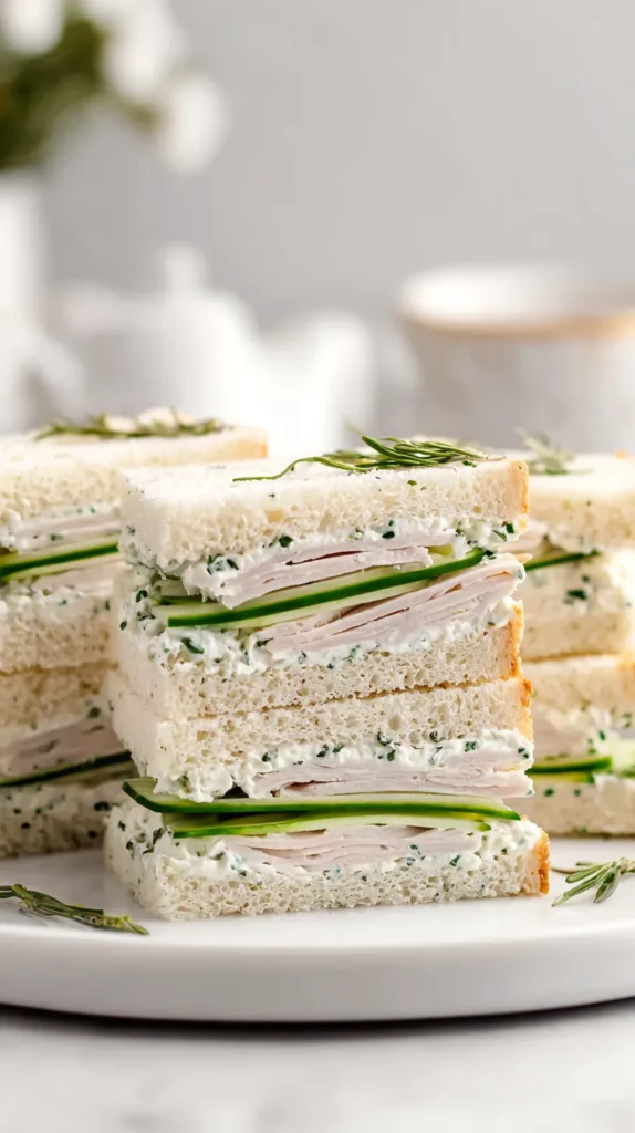 Turkey herb cream cheese tea sandwiches cut into narrow rectangles with thin roasted turkey, fresh cucumber slices, and chive-speckled cream cheese on a white plate in bright natural light.