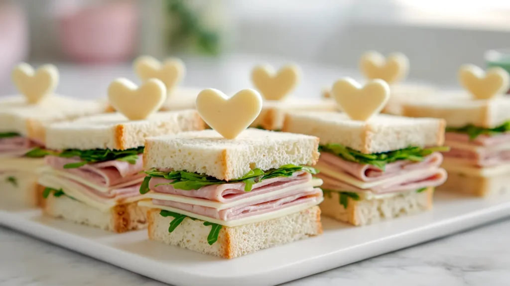 ham and cheese sandwich, with a heart-shaped slice of cheese on the top of the bread standing up from a toothpick, tea sandwiches