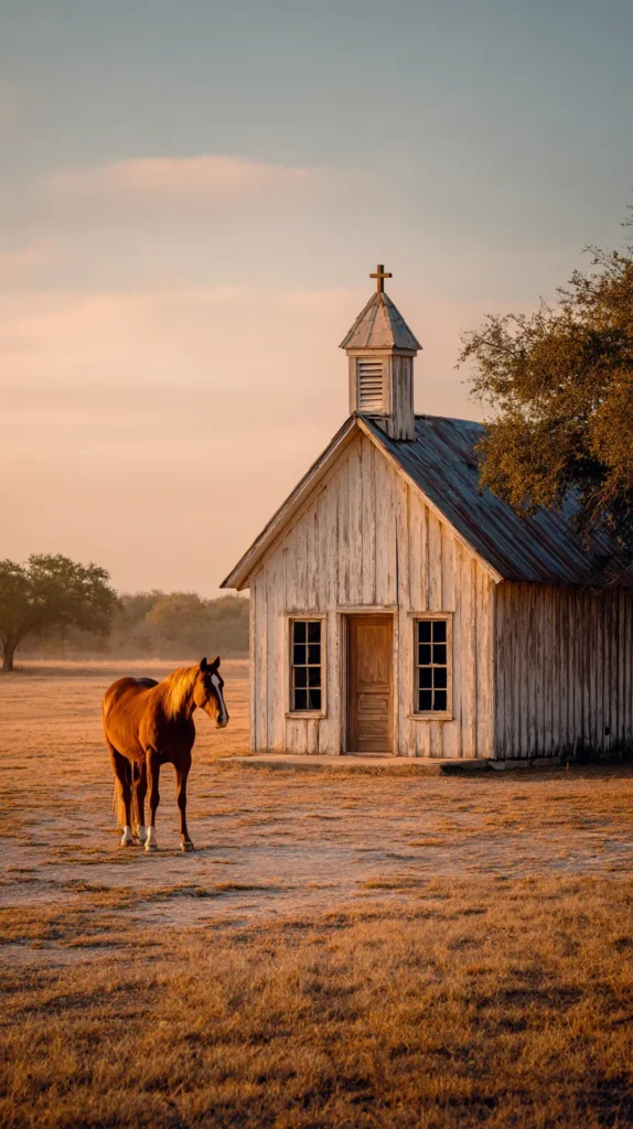 small wooden chapel, cross, horse