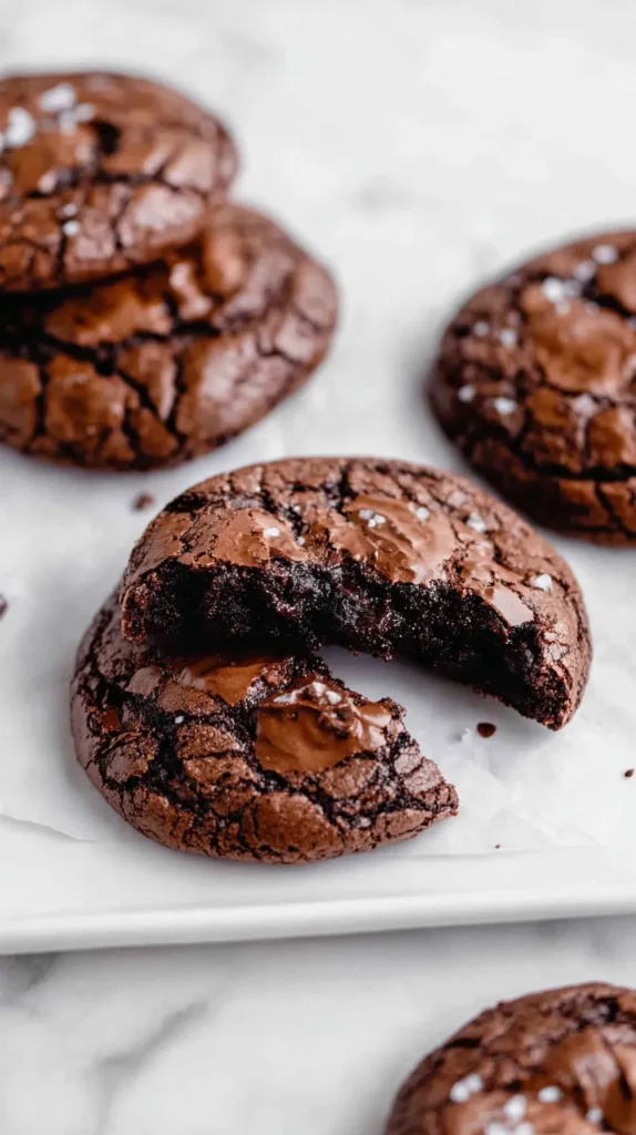 Square white plate of chocolate brownie cookies, including one broken cookie showing the gooey inside