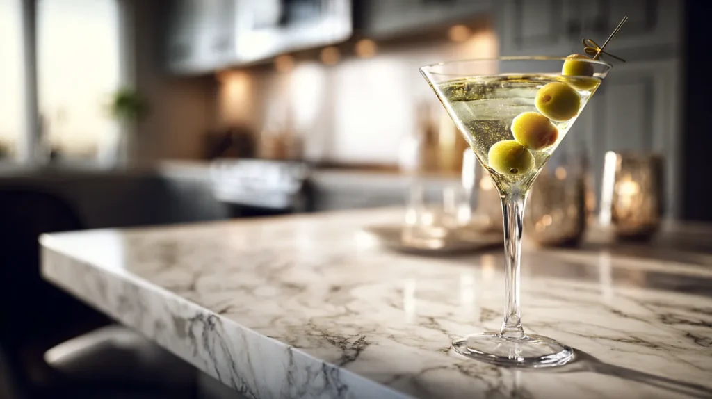 Side view of a chilled dirty martini in a clear martini glass with three green olives on a metal pick, light condensation on the glass, set on a white marble countertop with a softly blurred kitchen background.
