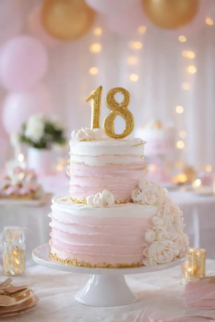 two-layer cake pink and white with an 18 cake topper in gold