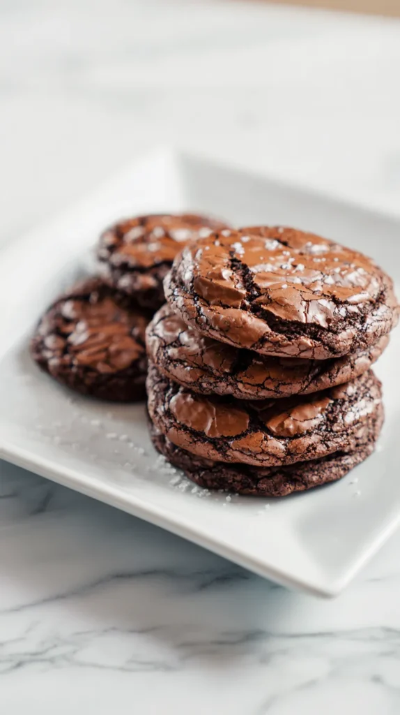 Chocolate brownie cookies stacked on a square white plate on a marble counter